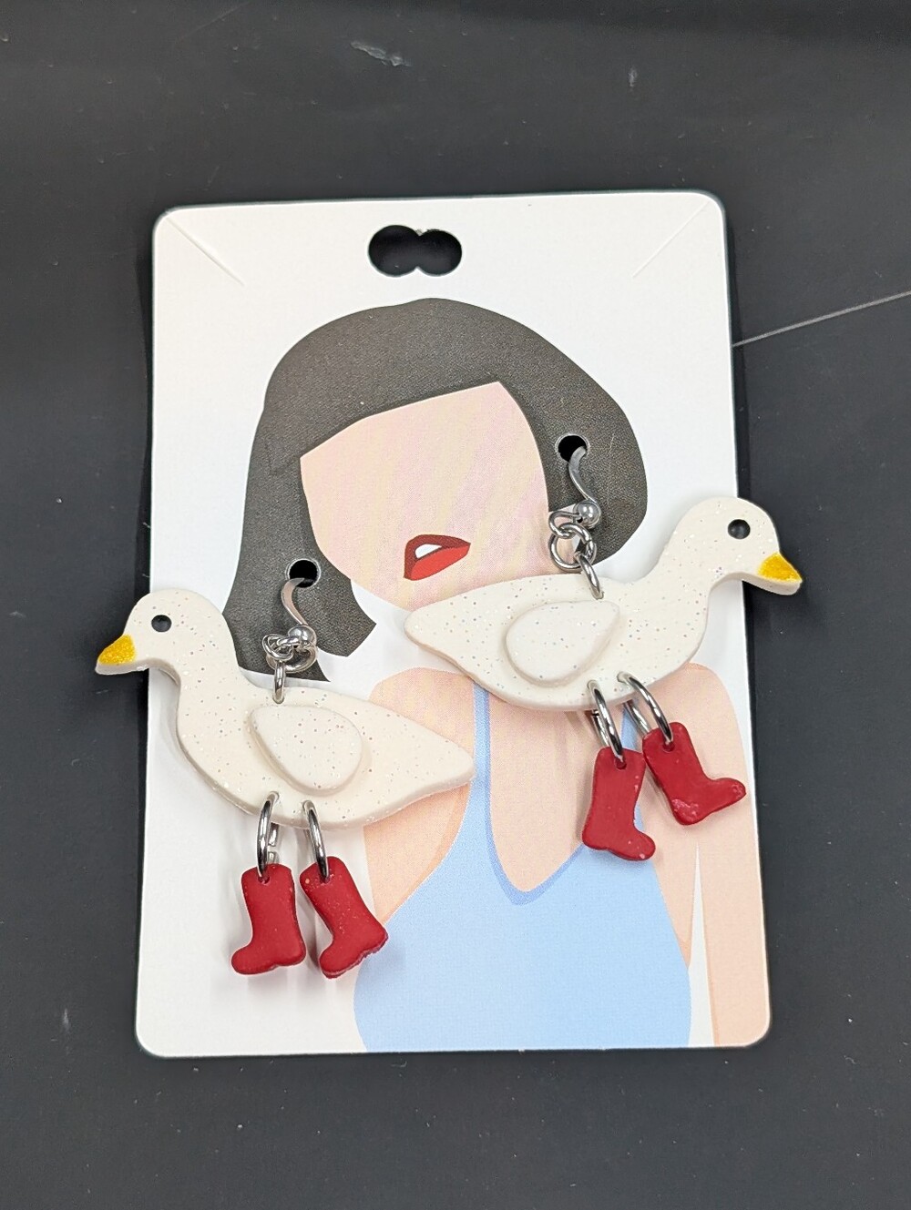 White Goose Dangle Earrings with Red Boots - Women Accessories